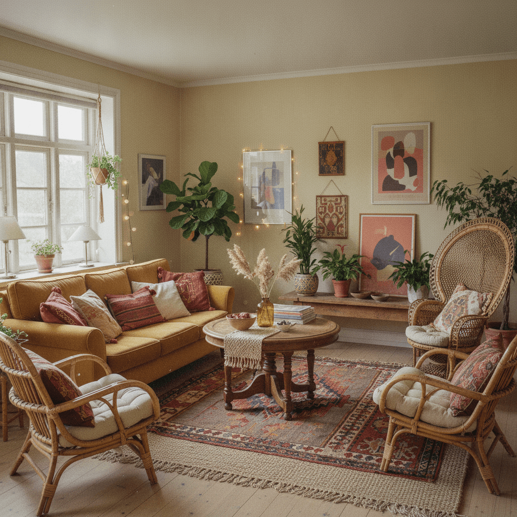 Samme rum omstylet i boheme — AI-genereret visualisering
