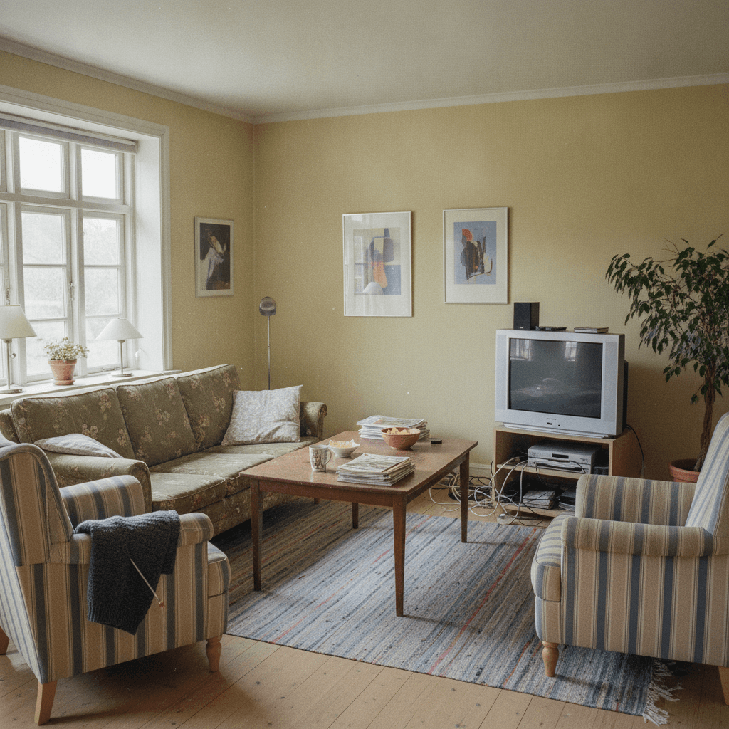 Stue i et typisk dansk hjem før omstyling (AI-genereret eksempelbillede)