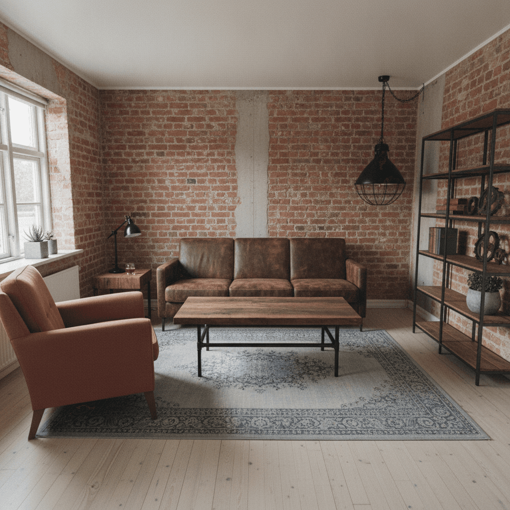 Samme stue omstylet i industriel — AI-genereret visualisering