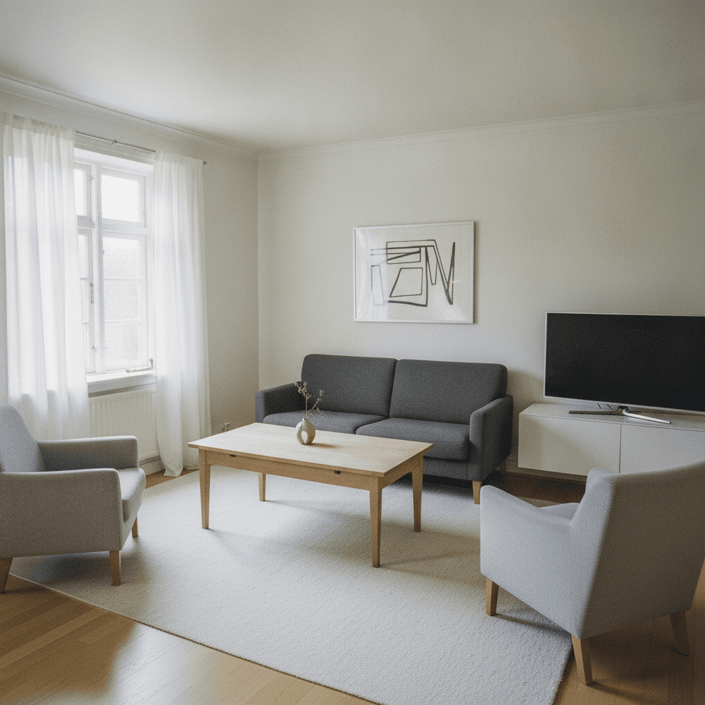 Samme rum omstylet i minimalistisk — AI-genereret visualisering
