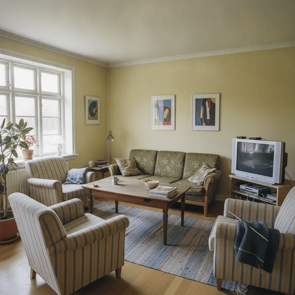 Stue i et typisk dansk hjem før omstyling (AI-genereret eksempelbillede)